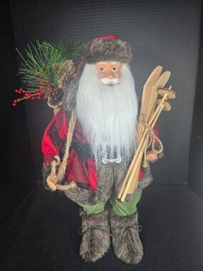 Santa Claus With Wooden Snow Skis And Bag of Greenery And Berries 18" Tall